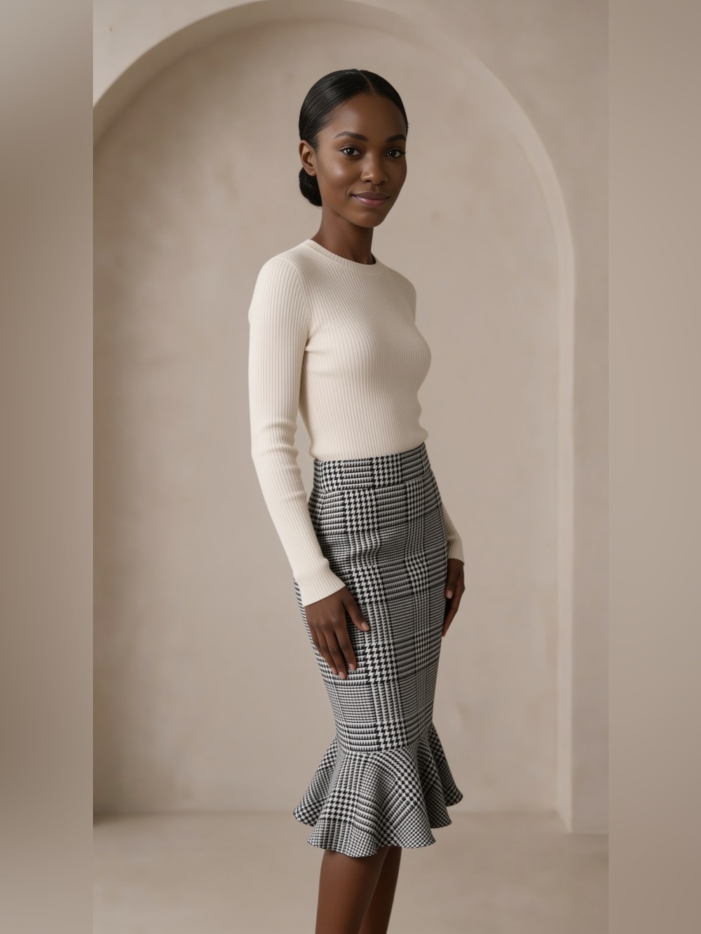 Fashion Nova Black & White Houndstooth Pencil Skirt with Flounce Hem